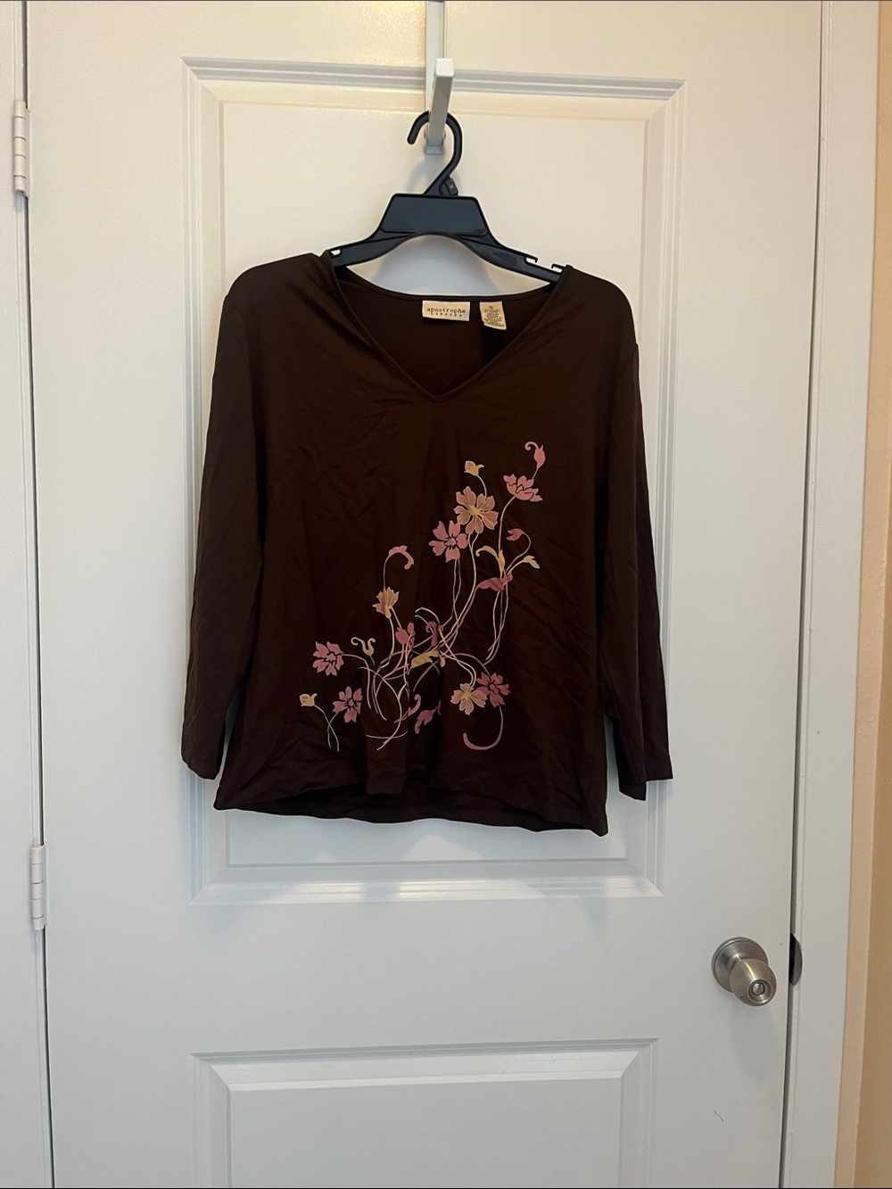 Apostrophe Brown Long-Sleeve V-Neck Top with Pink Floral Design